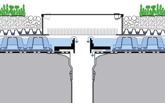 The precise, adjustable Run-off Limiter regulates the accumulation and flow of water reliably within the ZinCo system build-up “Stormwater Management Roof”. System build-up “Stormwater Management Roof”